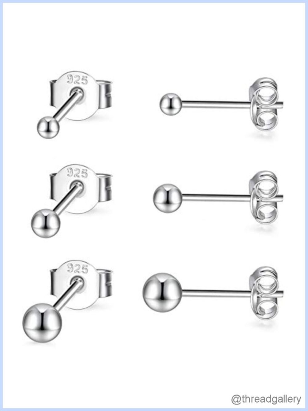 Sterling Silver Stud Earrings 3 Pairs Ball CZ Pearl Cartilage Tragus